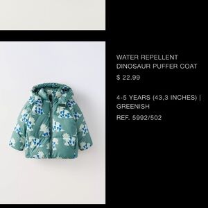 Zara Water Repellent Dinosaur Puffer Coat